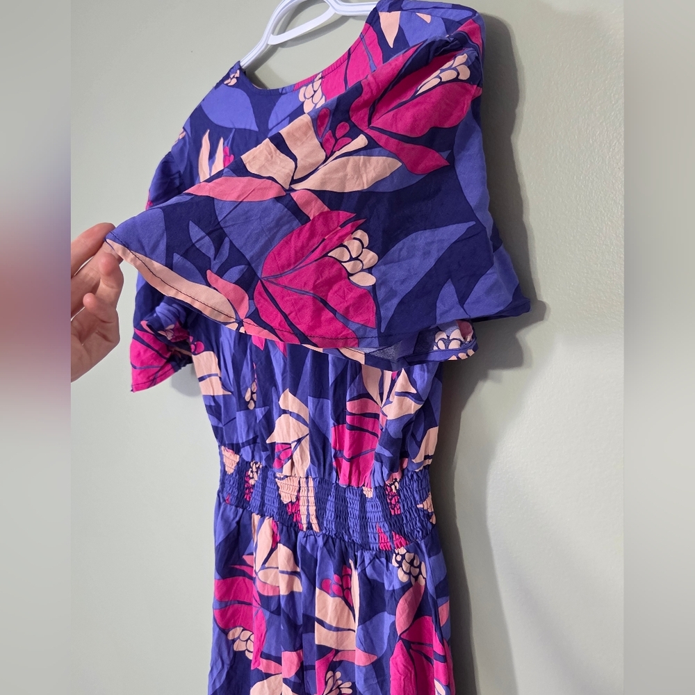 Anthro(ATL) Purple+Pink Hi-Low Floral Flutter Sleeve Maxi Dress Sz L Boho-Chic - Picture 10 of 15